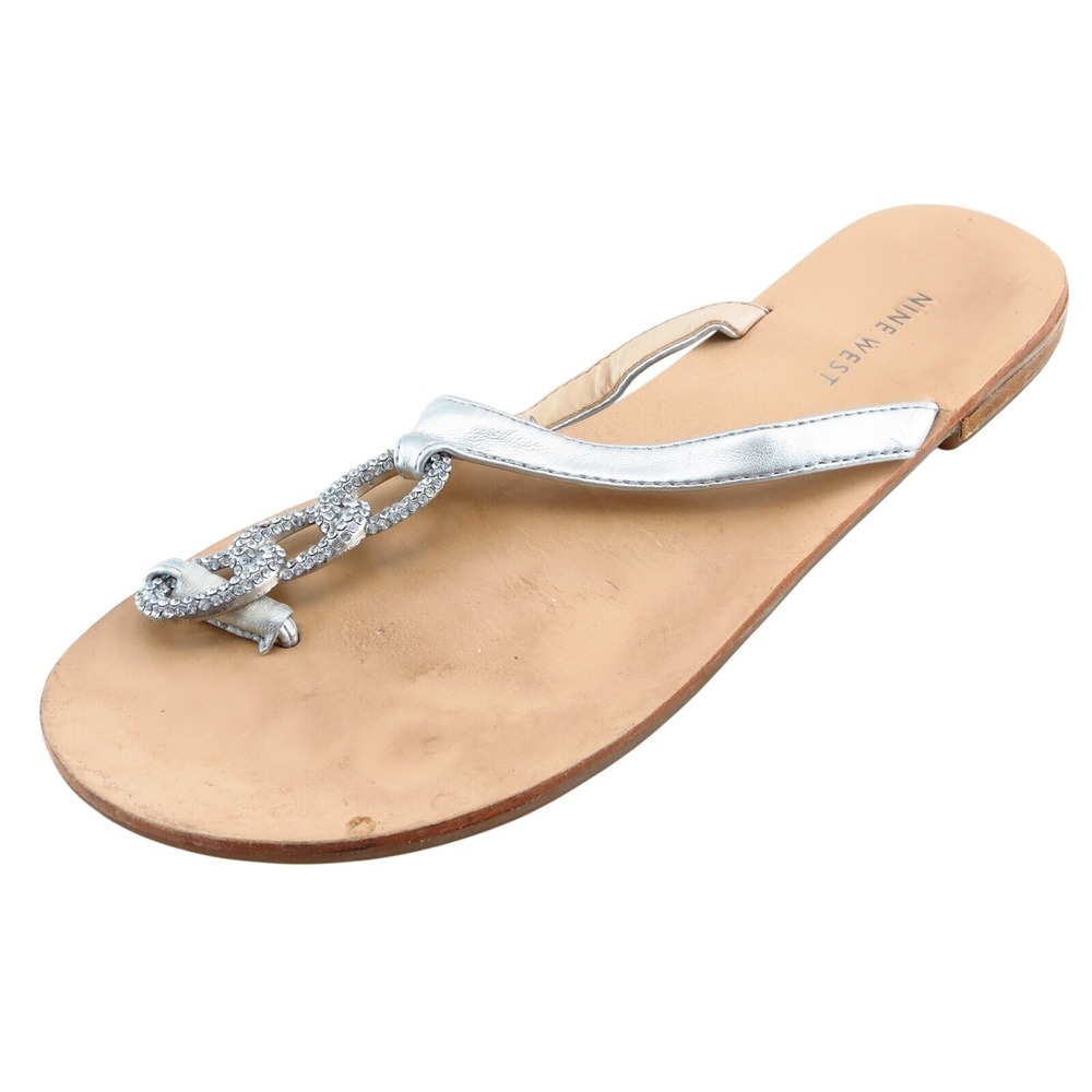 Nine West Flip Flops Silver Synthetic Women Shoes Size 7.5 Medium